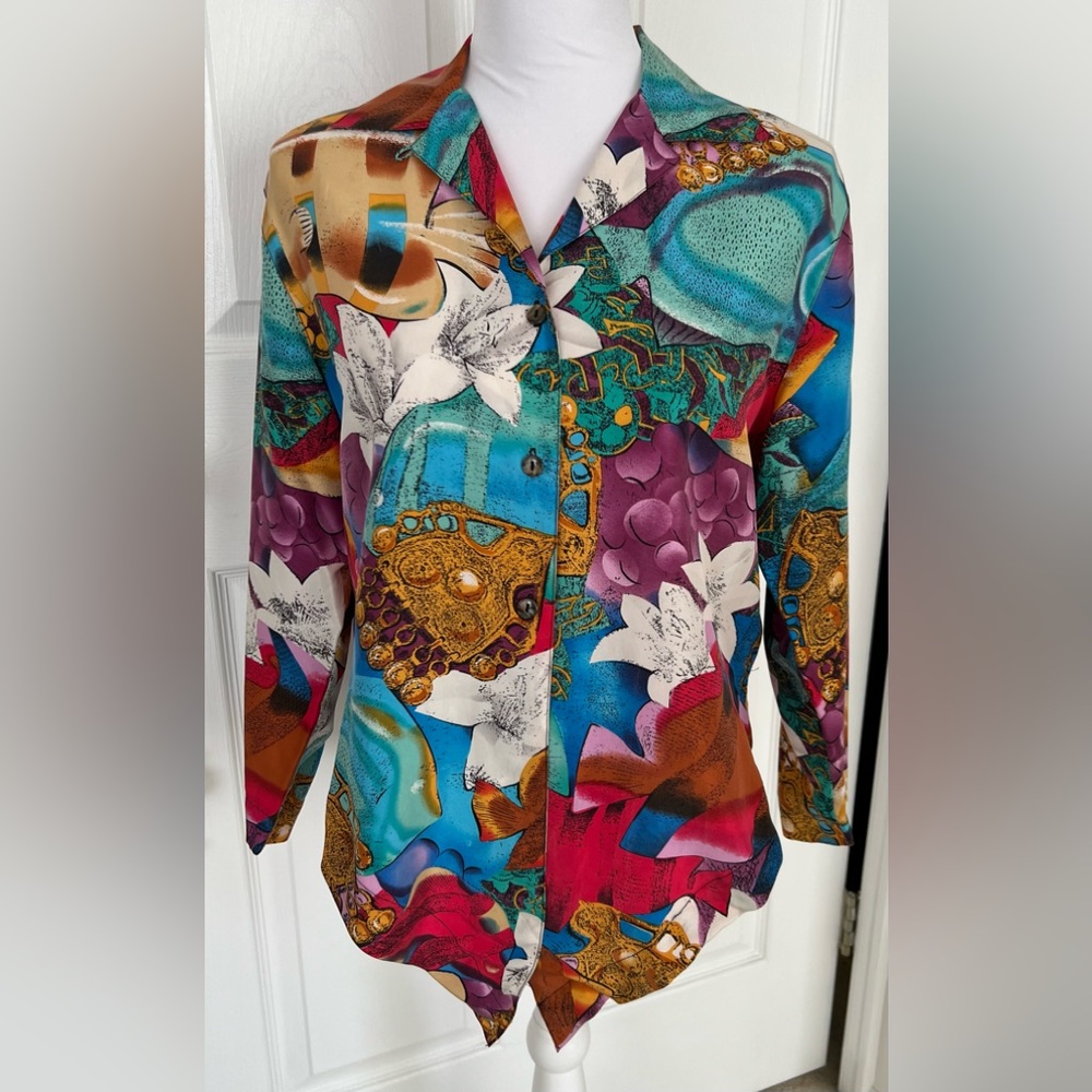 Rafaella Vintage Silk Button Down Print Blouse- Size Small